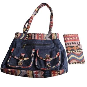 The Canyon Sky Southwest Inspiration Denim Tapestry shoulder Bag and Wallet EUC